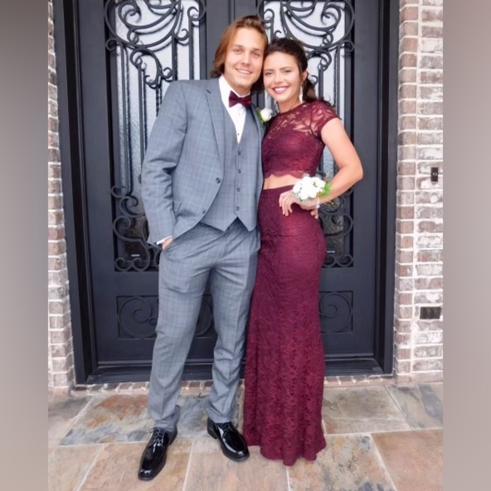 Two piece maroon formal.